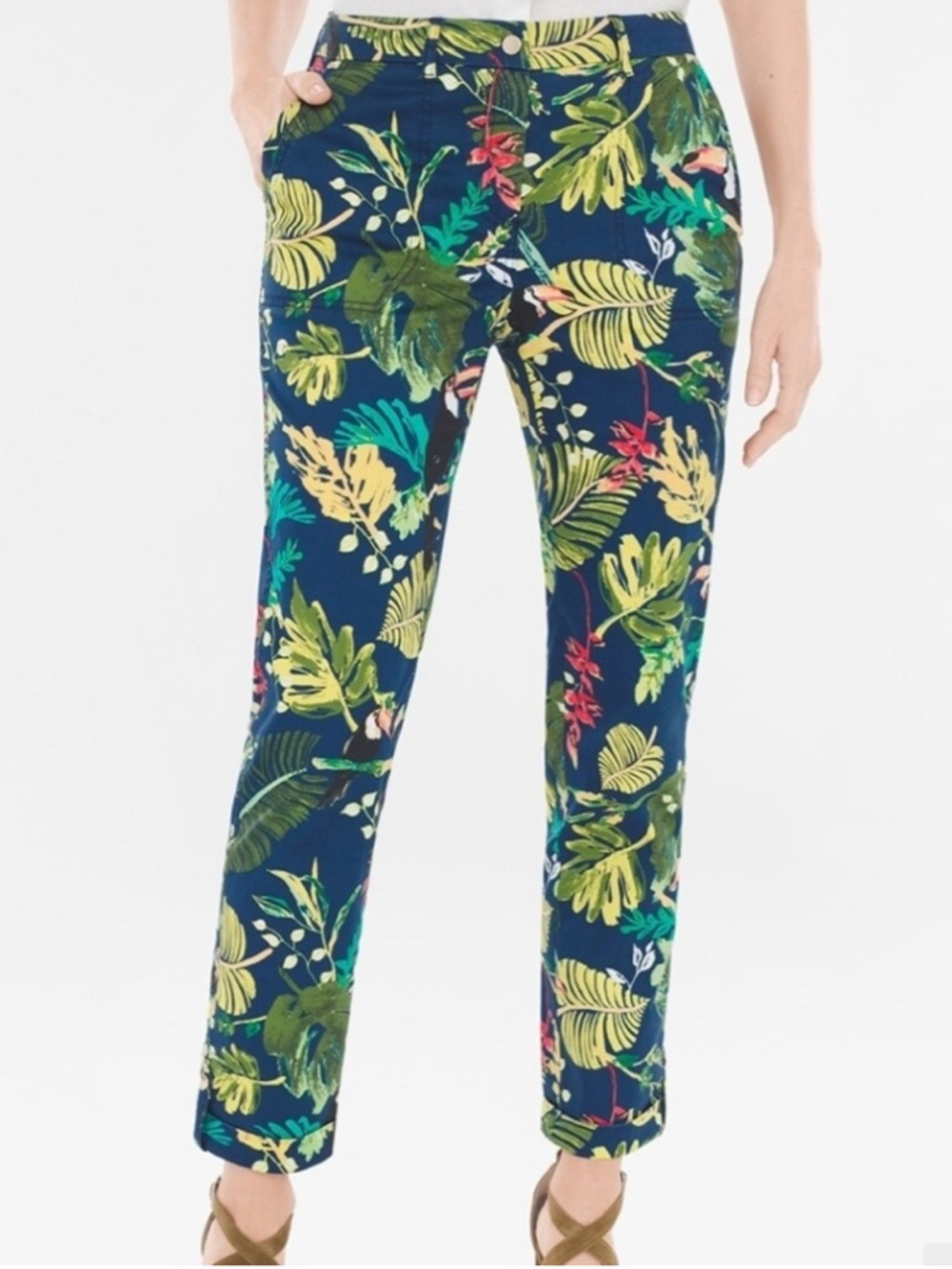 Chico's Tropical Toucan Print Ankle Cuff Pants Cotton Blend Women 2,5 (14)
